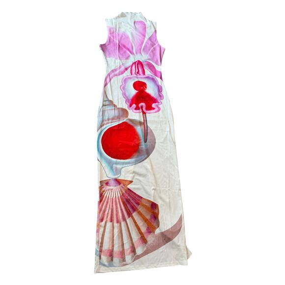 Micas Floral Print Mock Neck Slit Sleeveless Maxi Dress Elegant Stretch White M - Picture 2 of 9